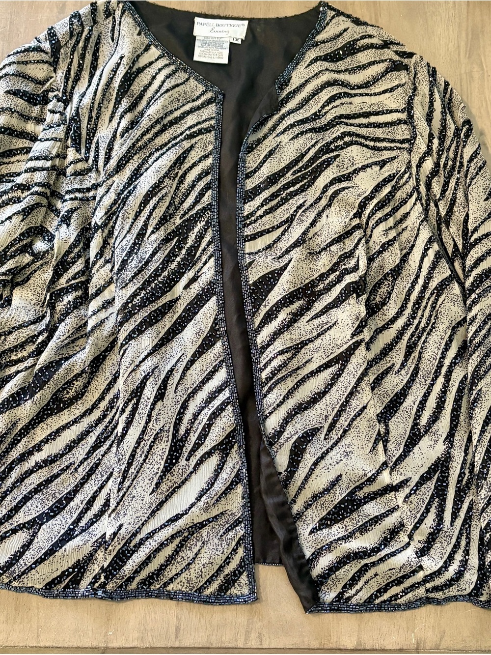 Papell Boutique Black and White Zebra Sequin Open Jacket